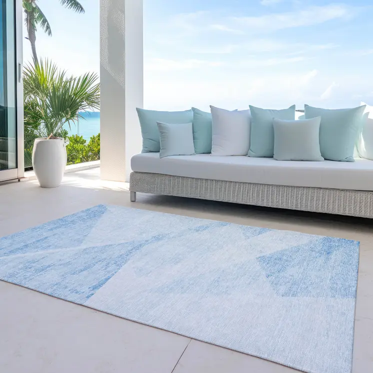 5' X 8' Denim Blue And Sky Blue Abstract Washable Indoor Outdoor Area Rug