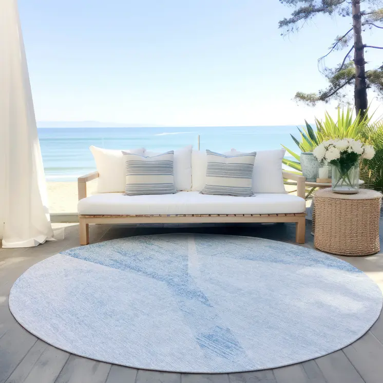 8' Denim Blue And Sky Blue Round Abstract Washable Indoor Outdoor Area Rug