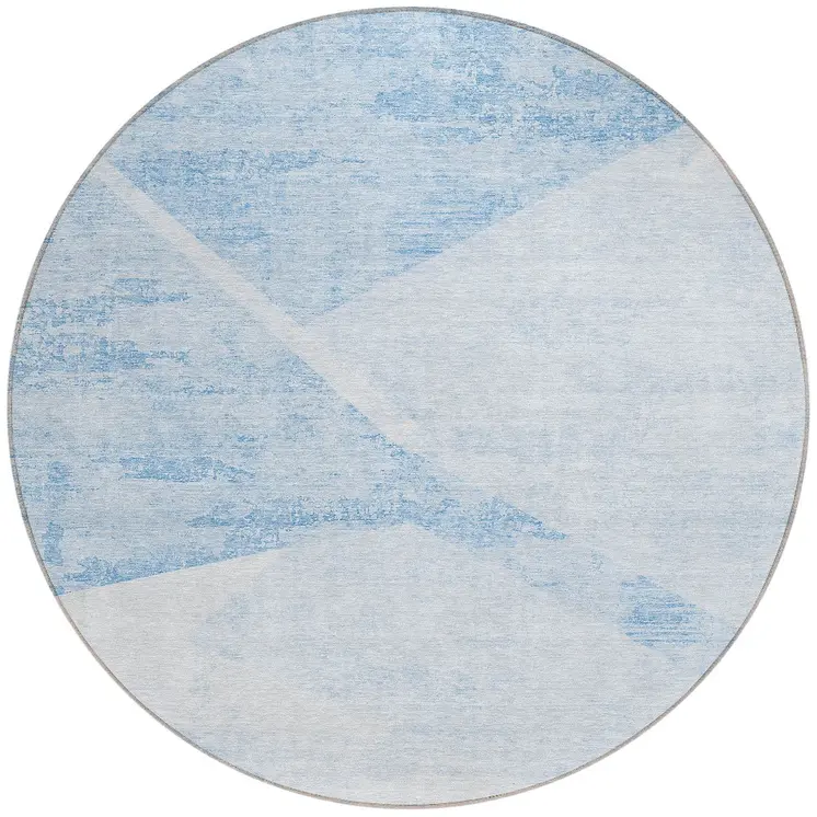 8' Denim Blue And Sky Blue Round Abstract Washable Indoor Outdoor Area Rug