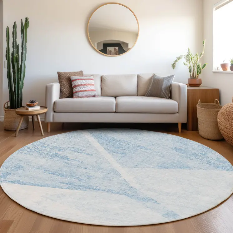 8' Denim Blue And Sky Blue Round Abstract Washable Indoor Outdoor Area Rug
