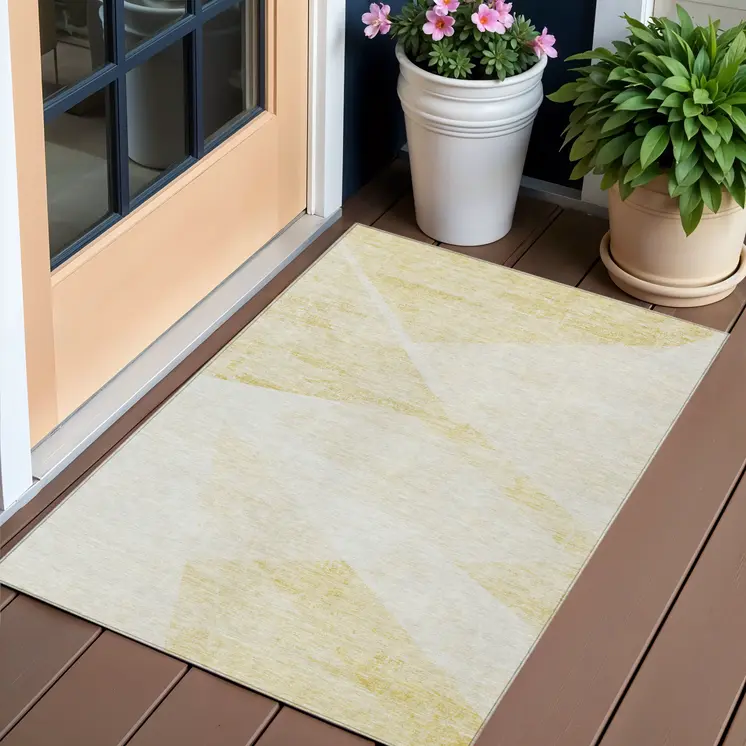 3' X 5' Gold Beige And Ivory Abstract Washable Indoor Outdoor Area Rug