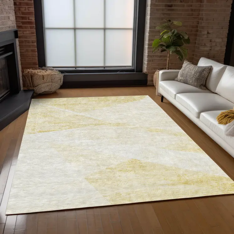 3' X 5' Gold Beige And Ivory Abstract Washable Indoor Outdoor Area Rug