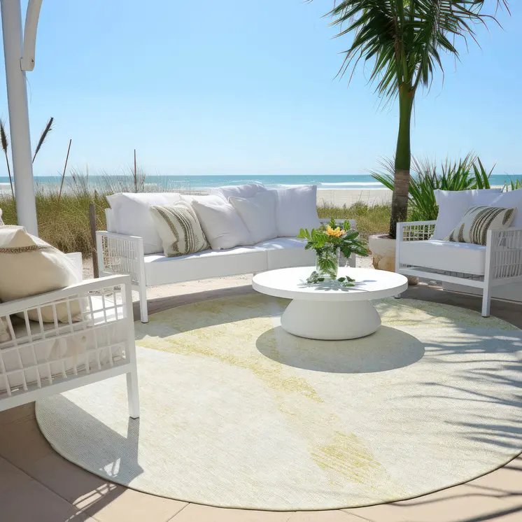 8' Gold Beige And Ivory Round Abstract Washable Indoor Outdoor Area Rug