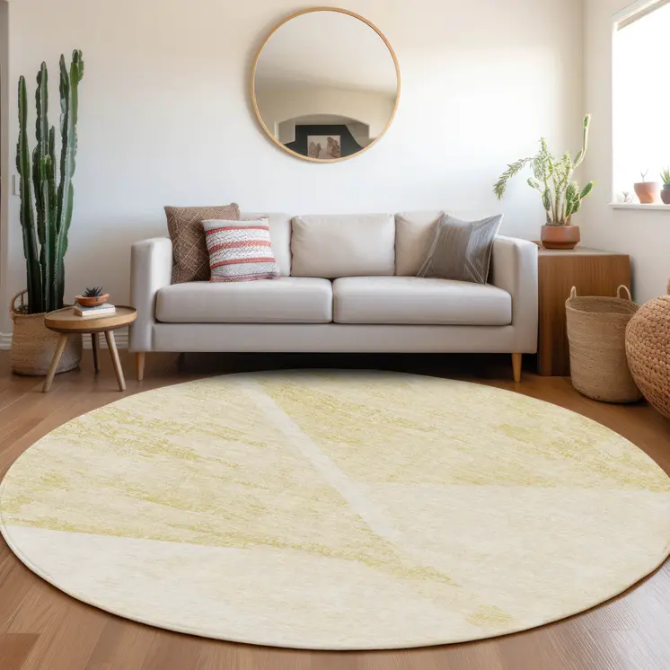 8' Gold Beige And Ivory Round Abstract Washable Indoor Outdoor Area Rug