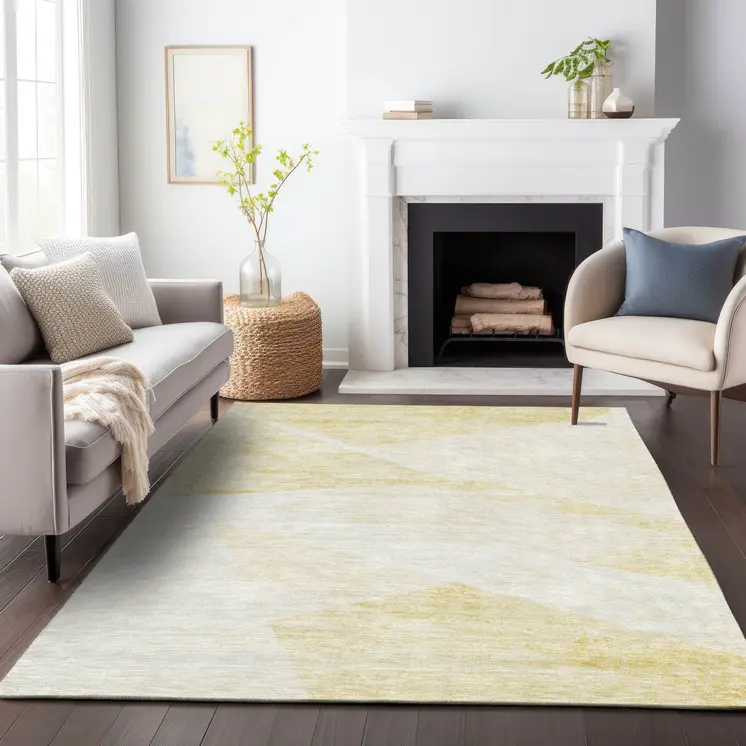 9' X 12' Gold Beige And Ivory Abstract Washable Indoor Outdoor Area Rug