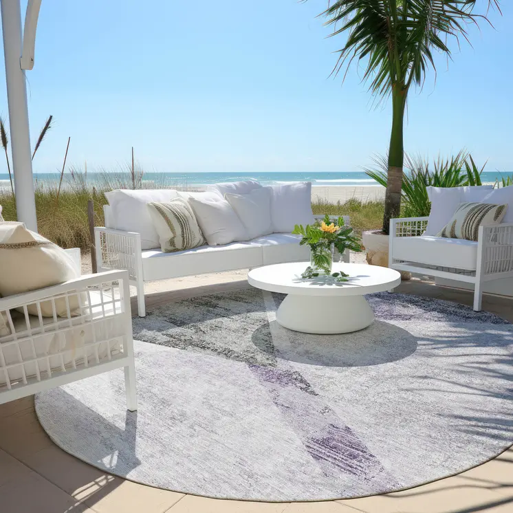 8' Purple Gray And Charcoal Round Abstract Washable Indoor Outdoor Area Rug