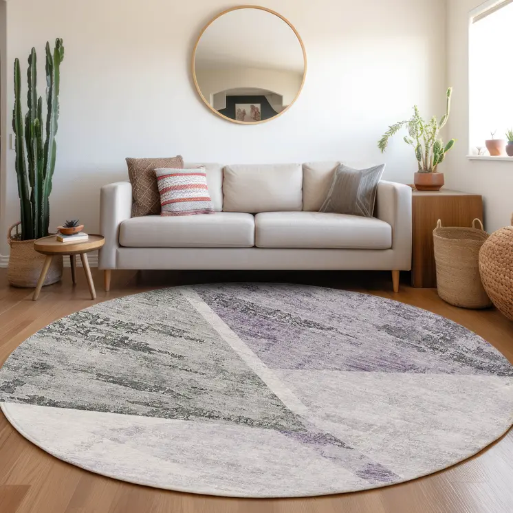 8' Purple Gray And Charcoal Round Abstract Washable Indoor Outdoor Area Rug