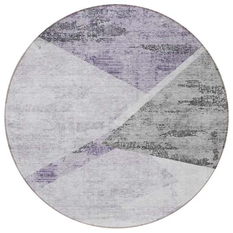 8' Purple Gray And Charcoal Round Abstract Washable Indoor Outdoor Area Rug