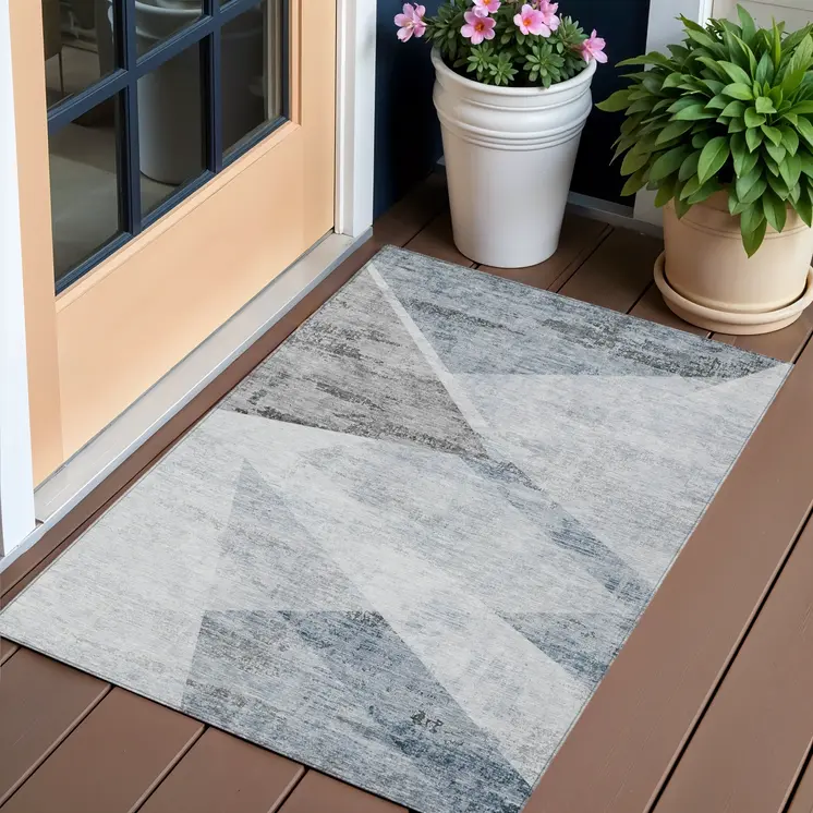 3' X 5' Sky Blue Gray And Charcoal Abstract Washable Indoor Outdoor Area Rug