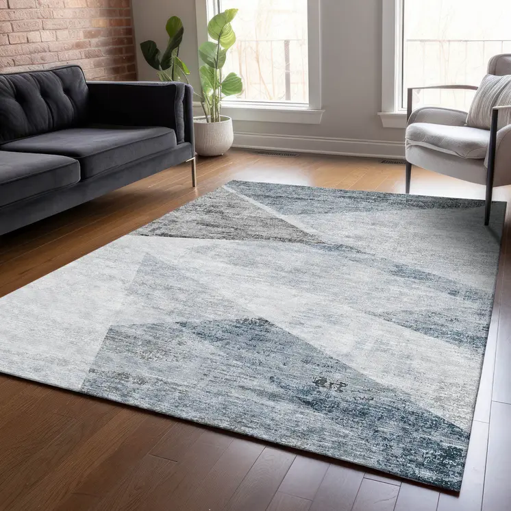 3' X 5' Sky Blue Gray And Charcoal Abstract Washable Indoor Outdoor Area Rug