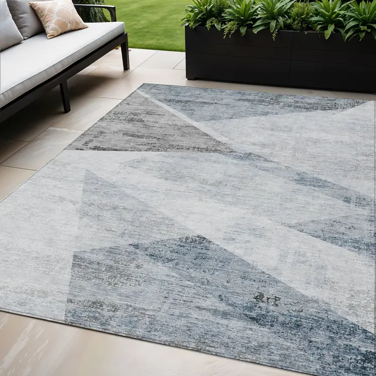 5' X 8' Sky Blue Gray And Charcoal Abstract Washable Indoor Outdoor Area Rug
