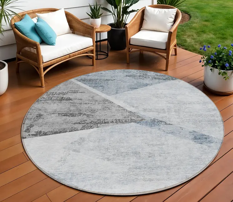 8' Sky Blue Gray And Charcoal Round Abstract Washable Indoor Outdoor Area Rug