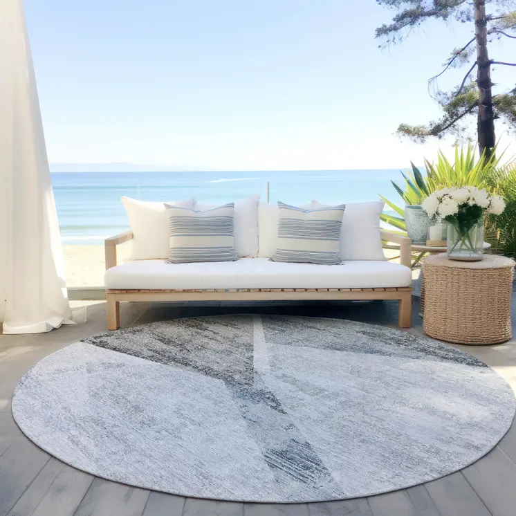 8' Sky Blue Gray And Charcoal Round Abstract Washable Indoor Outdoor Area Rug