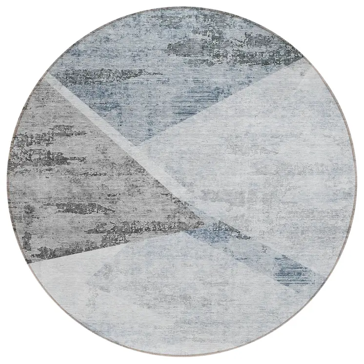8' Sky Blue Gray And Charcoal Round Abstract Washable Indoor Outdoor Area Rug