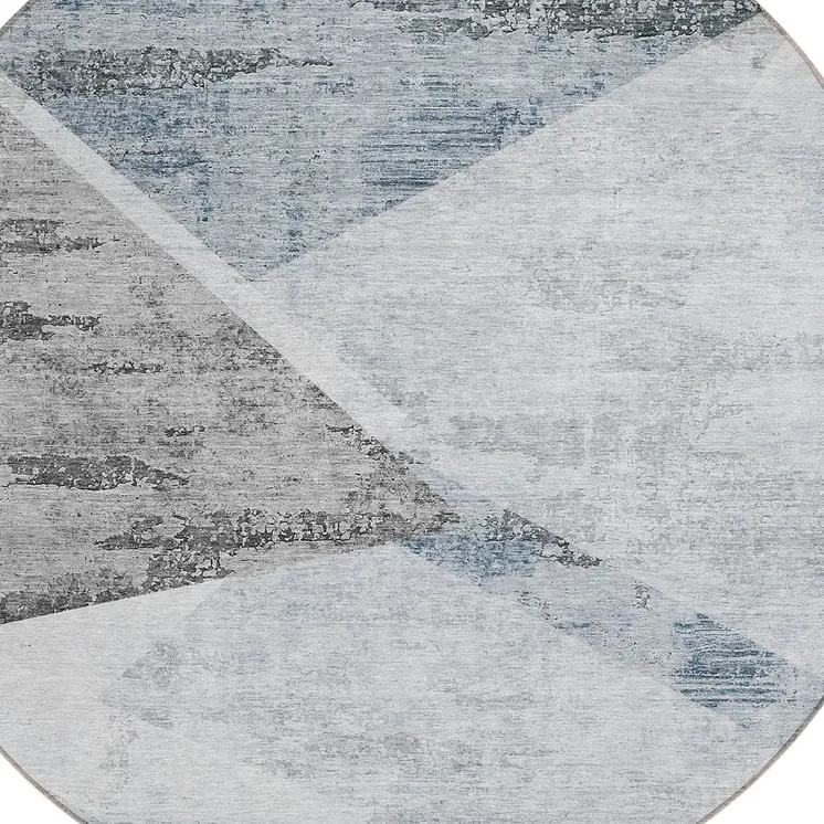 8' Sky Blue Gray And Charcoal Round Abstract Washable Indoor Outdoor Area Rug