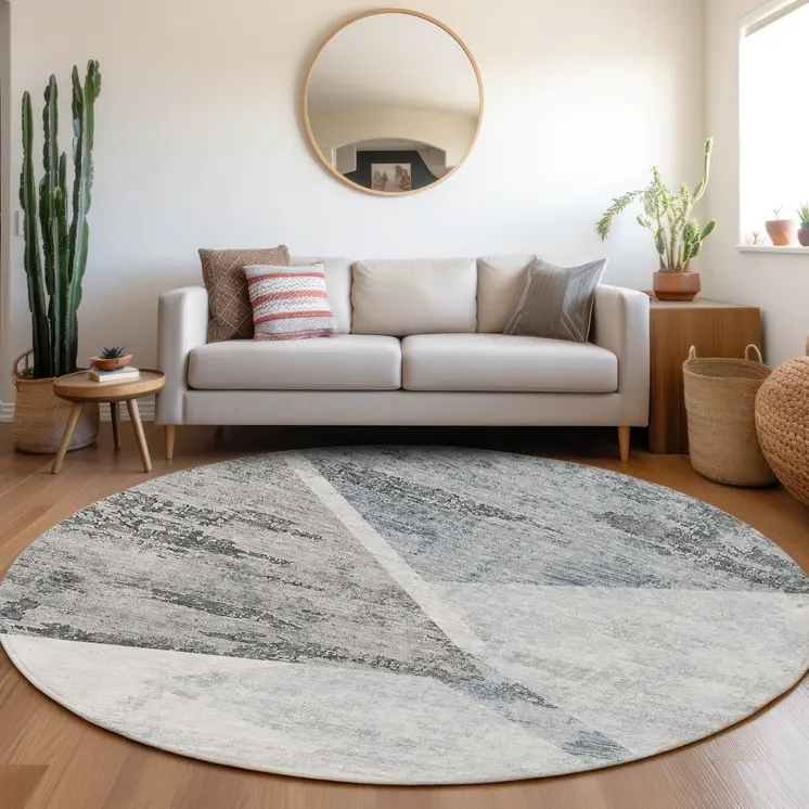 8' Sky Blue Gray And Charcoal Round Abstract Washable Indoor Outdoor Area Rug