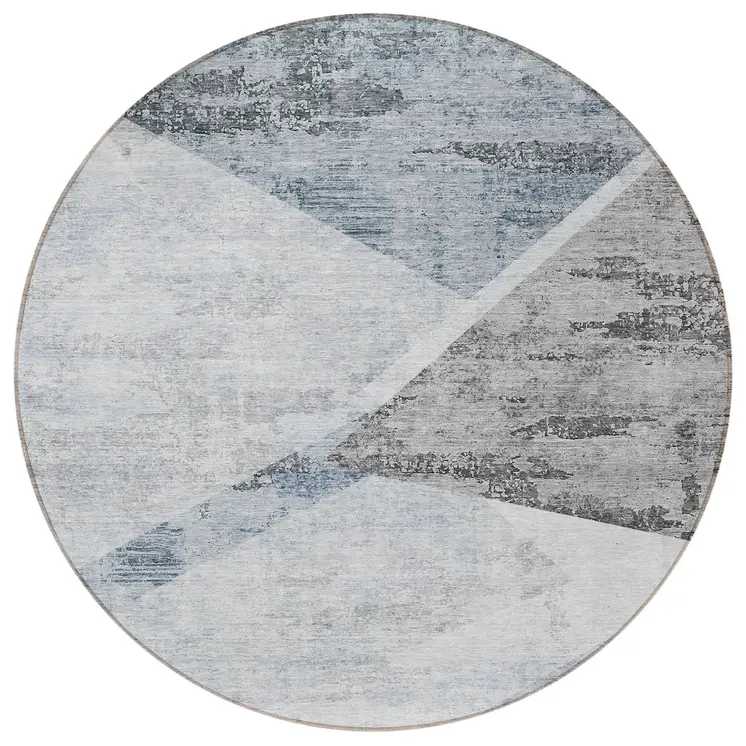 8' Sky Blue Gray And Charcoal Round Abstract Washable Indoor Outdoor Area Rug
