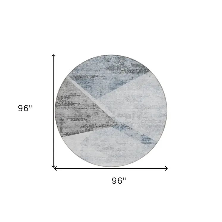 8' Sky Blue Gray And Charcoal Round Abstract Washable Indoor Outdoor Area Rug