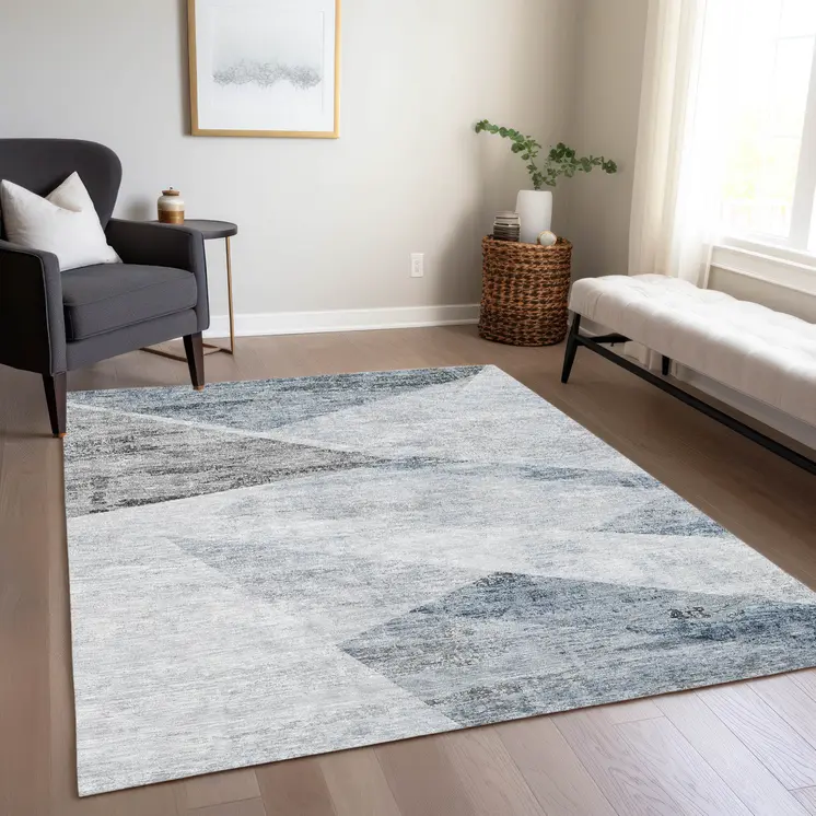 8' X 10' Sky Blue Gray And Charcoal Abstract Washable Indoor Outdoor Area Rug