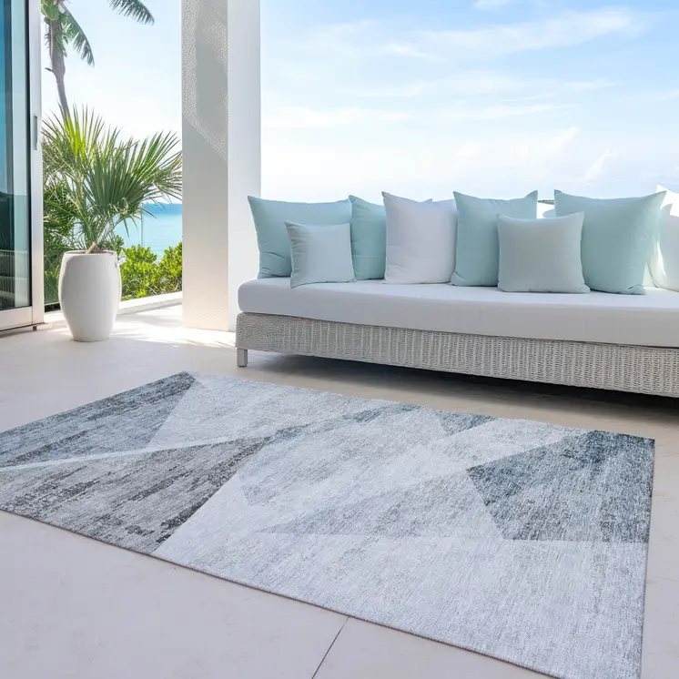 9' X 12' Sky Blue Gray And Charcoal Abstract Washable Indoor Outdoor Area Rug