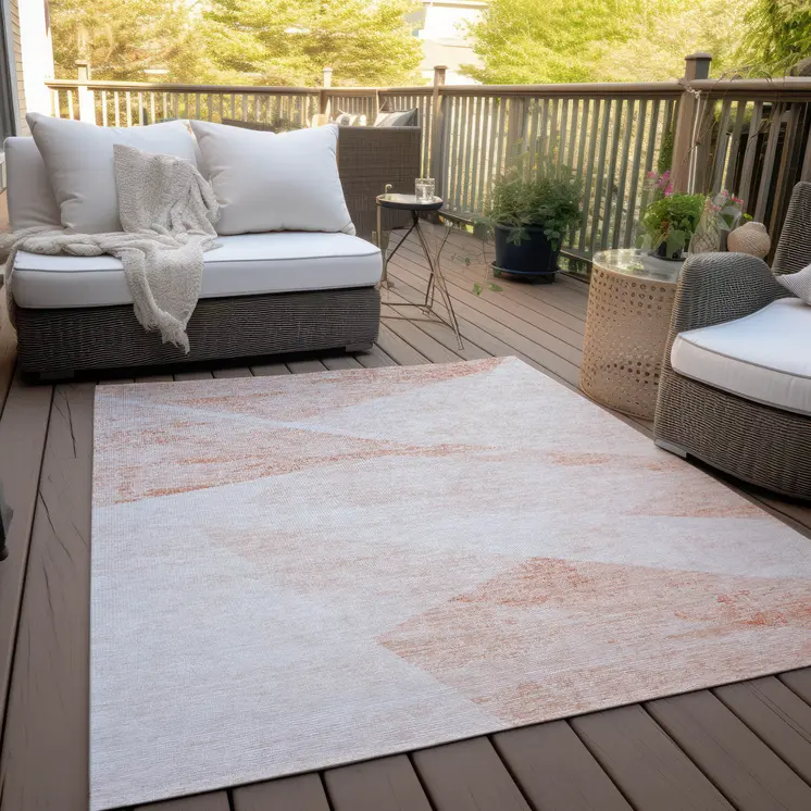 9' X 12' Salmon Peach And Ivory Abstract Washable Indoor Outdoor Area Rug