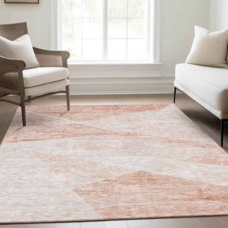 9' X 12' Salmon Peach And Ivory Abstract Washable Indoor Outdoor Area Rug