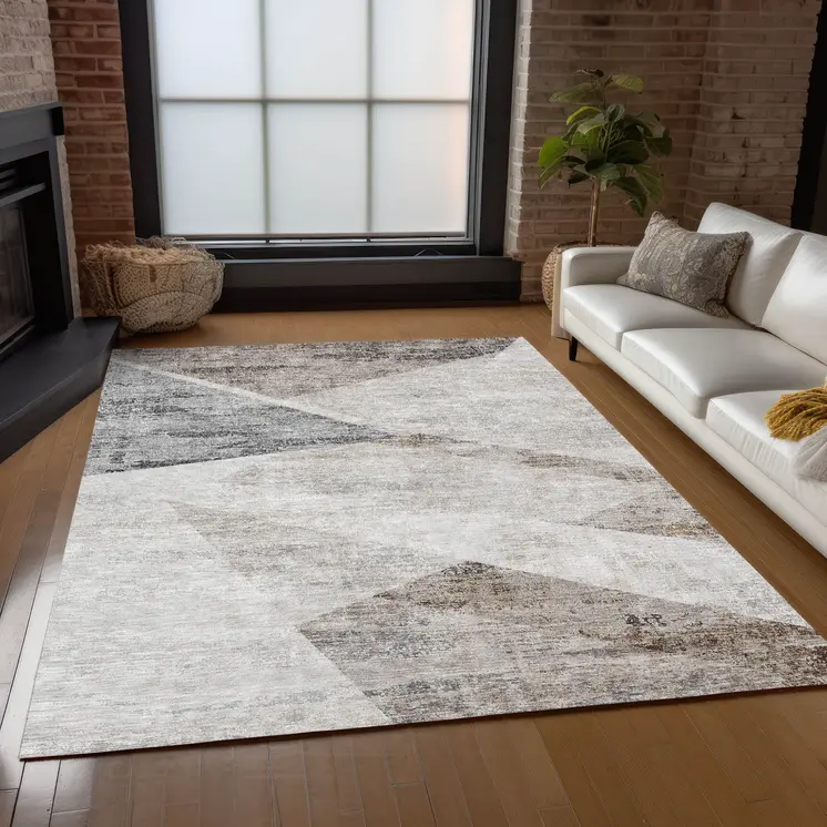 3' X 5' Silver Beige And Gray Abstract Washable Indoor Outdoor Area Rug