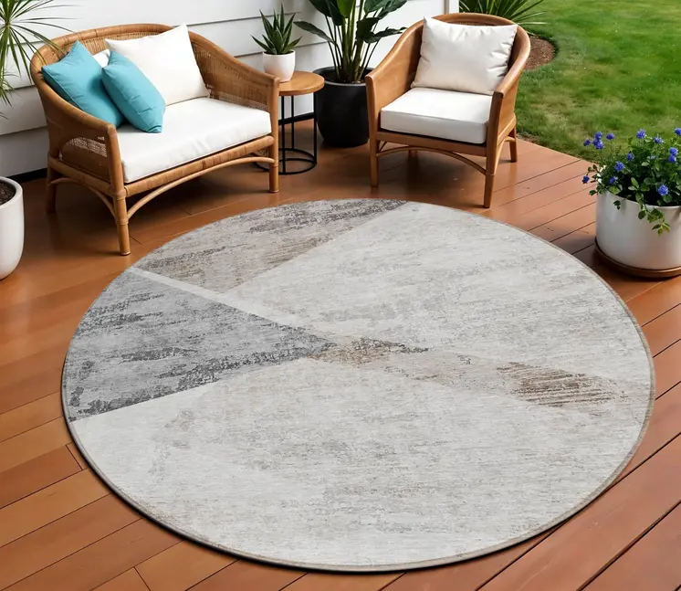 8' Silver Beige And Gray Round Abstract Washable Indoor Outdoor Area Rug