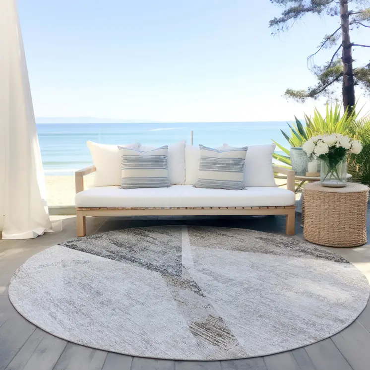 8' Silver Beige And Gray Round Abstract Washable Indoor Outdoor Area Rug