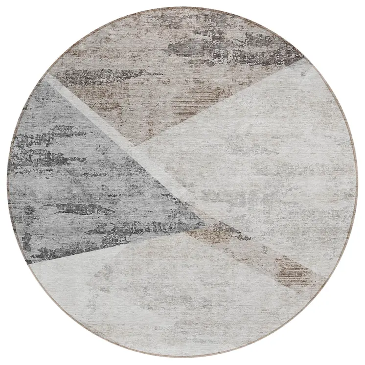 8' Silver Beige And Gray Round Abstract Washable Indoor Outdoor Area Rug