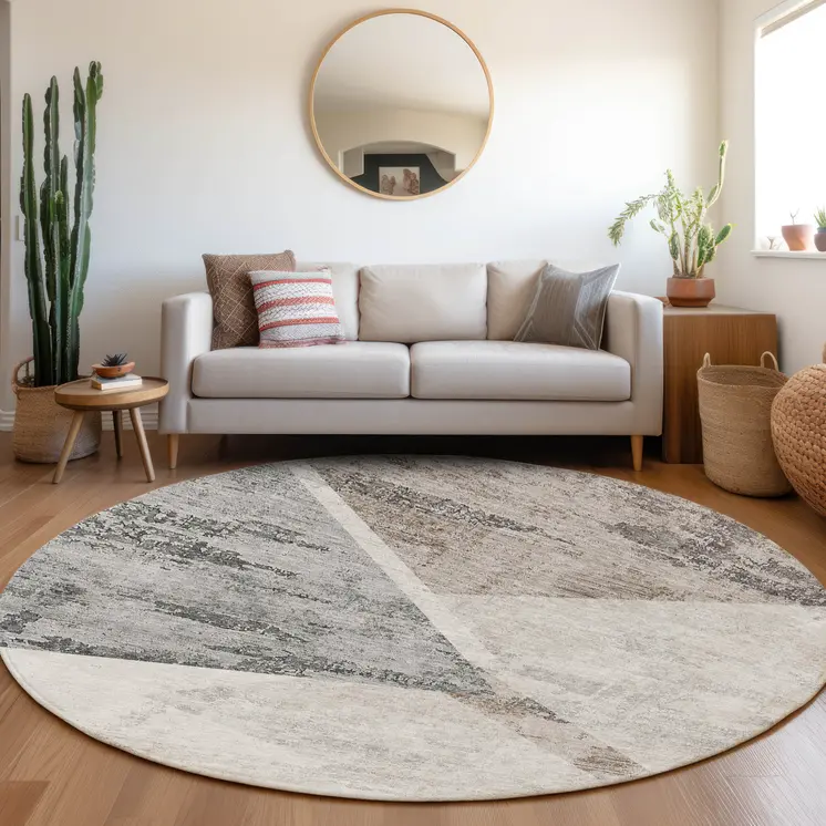 8' Silver Beige And Gray Round Abstract Washable Indoor Outdoor Area Rug