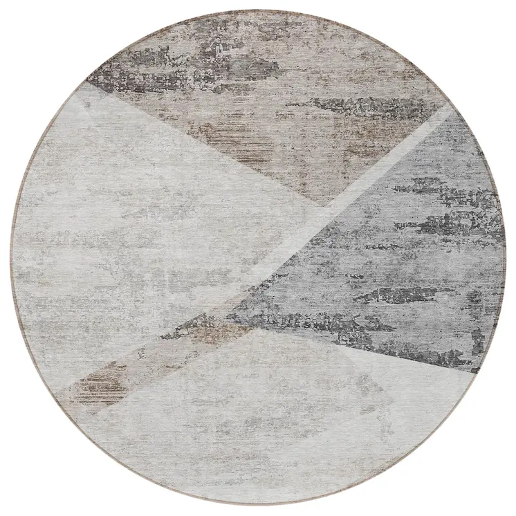 8' Silver Beige And Gray Round Abstract Washable Indoor Outdoor Area Rug