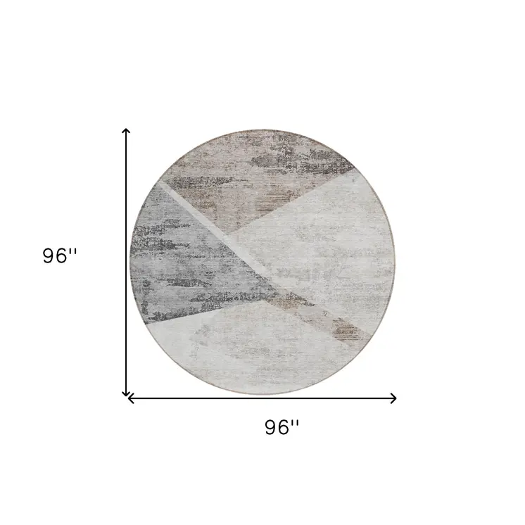 8' Silver Beige And Gray Round Abstract Washable Indoor Outdoor Area Rug