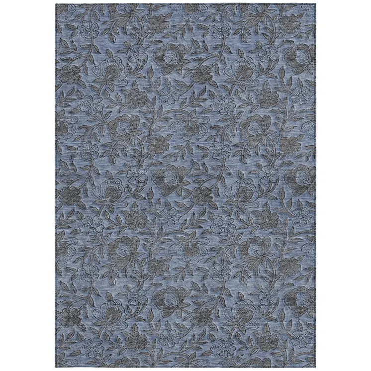 3' X 5' Blue Gray And Charcoal Floral Washable Indoor Outdoor Area Rug