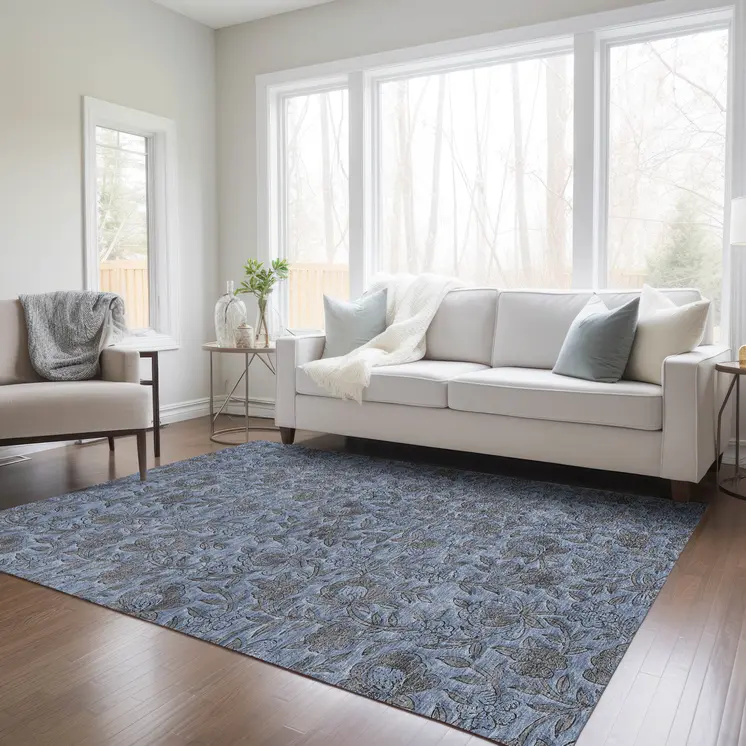 3' X 5' Blue Gray And Charcoal Floral Washable Indoor Outdoor Area Rug