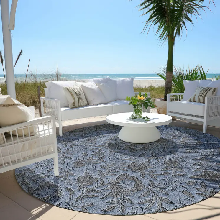 8' Blue Gray And Charcoal Round Floral Washable Indoor Outdoor Area Rug