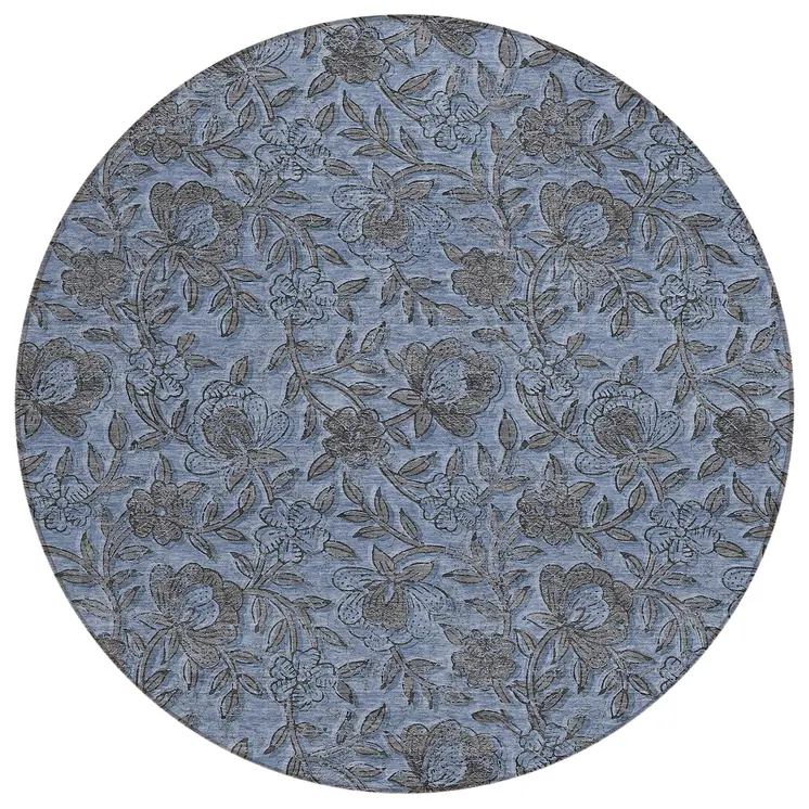 8' Blue Gray And Charcoal Round Floral Washable Indoor Outdoor Area Rug