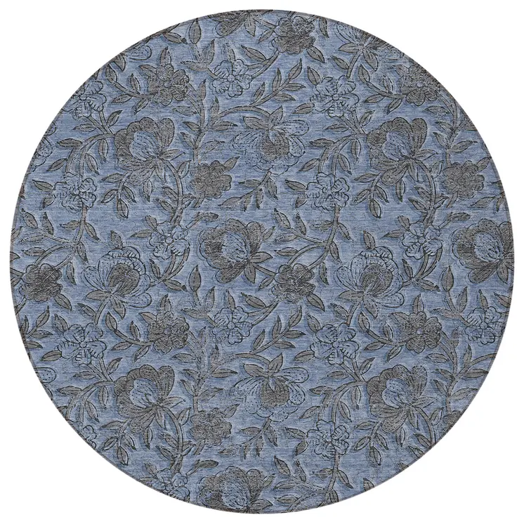 8' Blue Gray And Charcoal Round Floral Washable Indoor Outdoor Area Rug