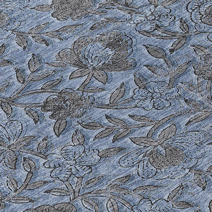 8' Blue Gray And Charcoal Round Floral Washable Indoor Outdoor Area Rug