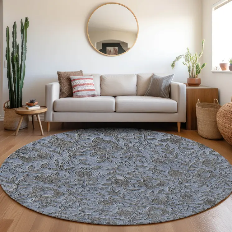 8' Blue Gray And Charcoal Round Floral Washable Indoor Outdoor Area Rug