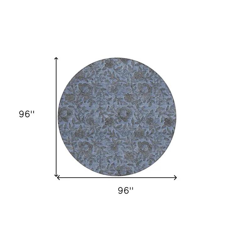 8' Blue Gray And Charcoal Round Floral Washable Indoor Outdoor Area Rug