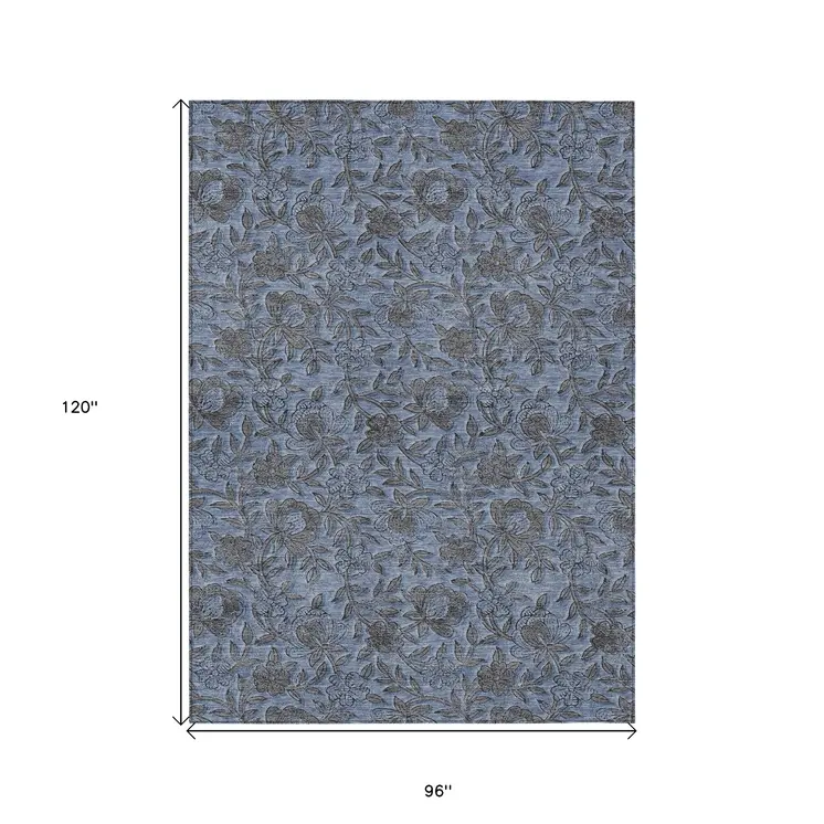 8' X 10' Blue Gray And Charcoal Floral Washable Indoor Outdoor Area Rug