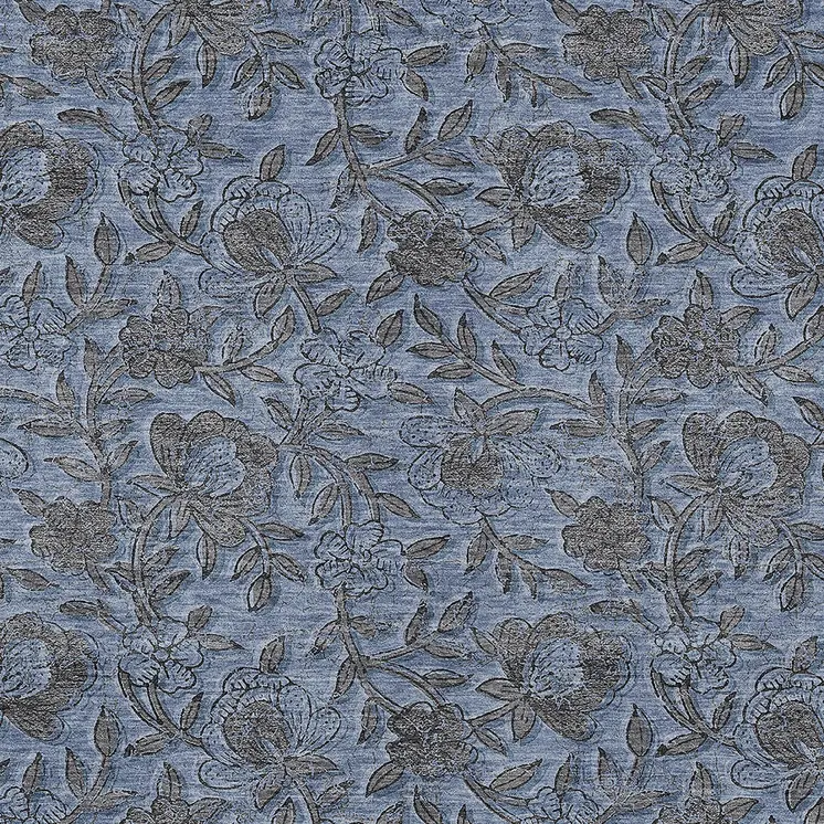 8' X 10' Blue Gray And Charcoal Floral Washable Indoor Outdoor Area Rug