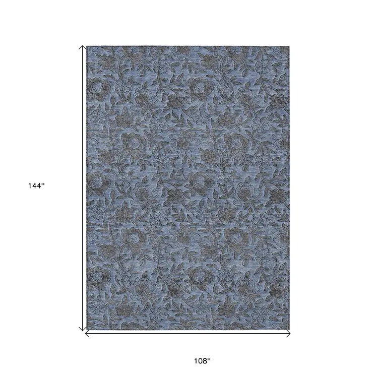9' X 12' Blue Gray And Charcoal Floral Washable Indoor Outdoor Area Rug