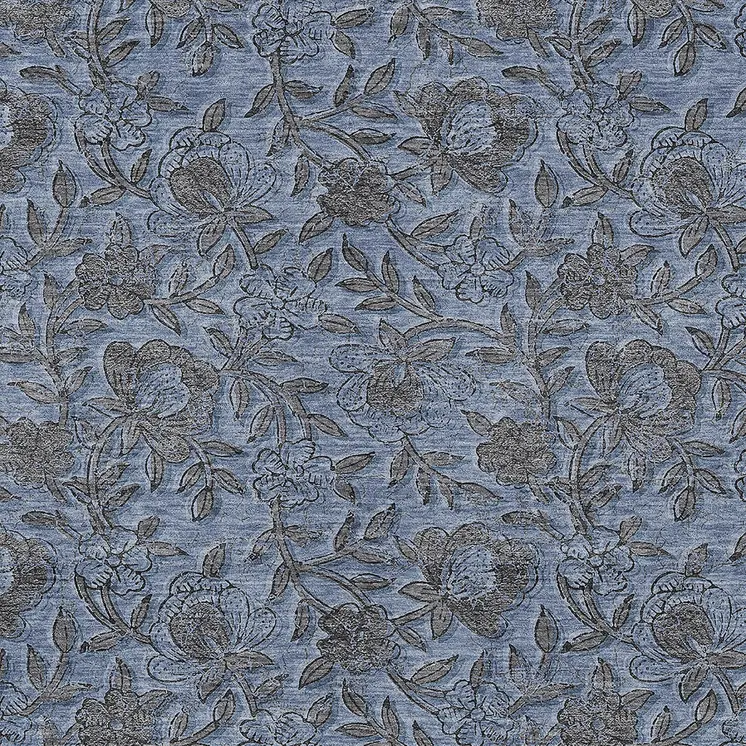 9' X 12' Blue Gray And Charcoal Floral Washable Indoor Outdoor Area Rug