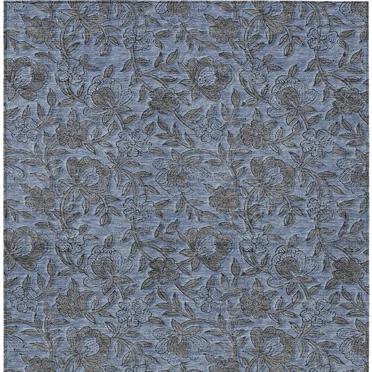 10' X 14' Blue Gray And Charcoal Floral Washable Indoor Outdoor Area Rug