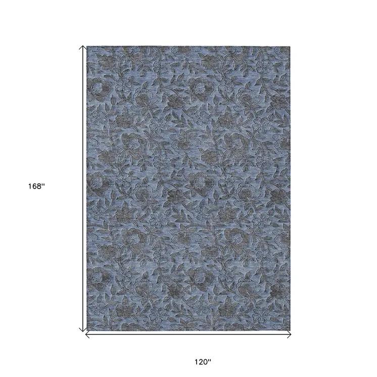 10' X 14' Blue Gray And Charcoal Floral Washable Indoor Outdoor Area Rug