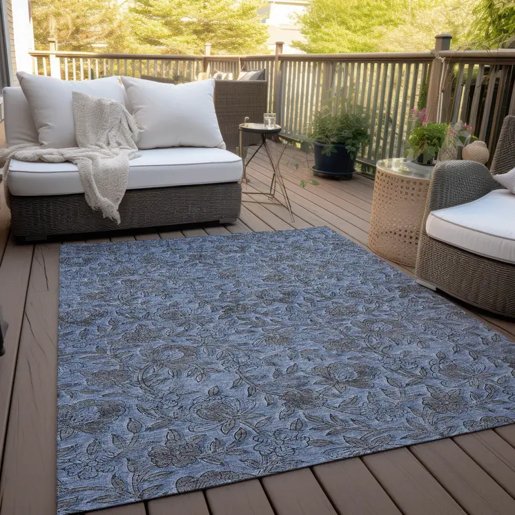 10' X 14' Blue Gray And Charcoal Floral Washable Indoor Outdoor Area Rug