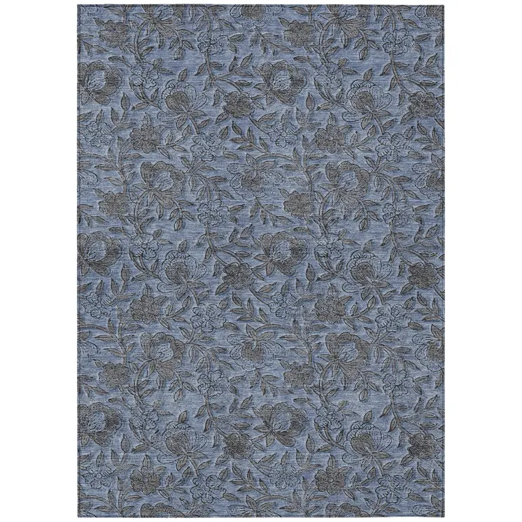 10' X 14' Blue Gray And Charcoal Floral Washable Indoor Outdoor Area Rug