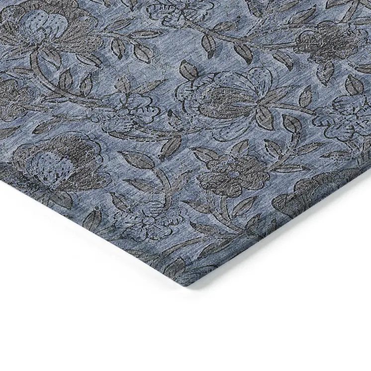 10' X 14' Blue Gray And Charcoal Floral Washable Indoor Outdoor Area Rug